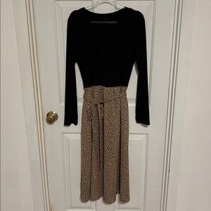Long sleeve Midi Dress- Black Ribbed Top, Leopard skirt (one piece). Worn twice